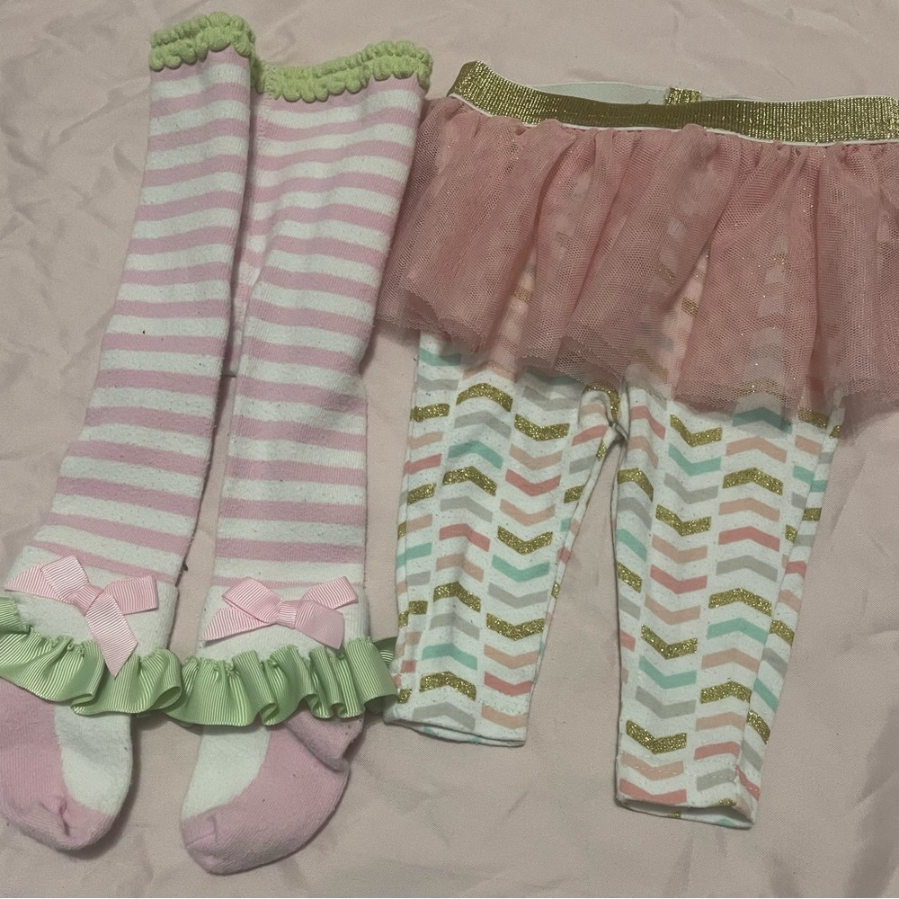 Girls Pink Tutu Leggings and Striped Knee-High Socks Set